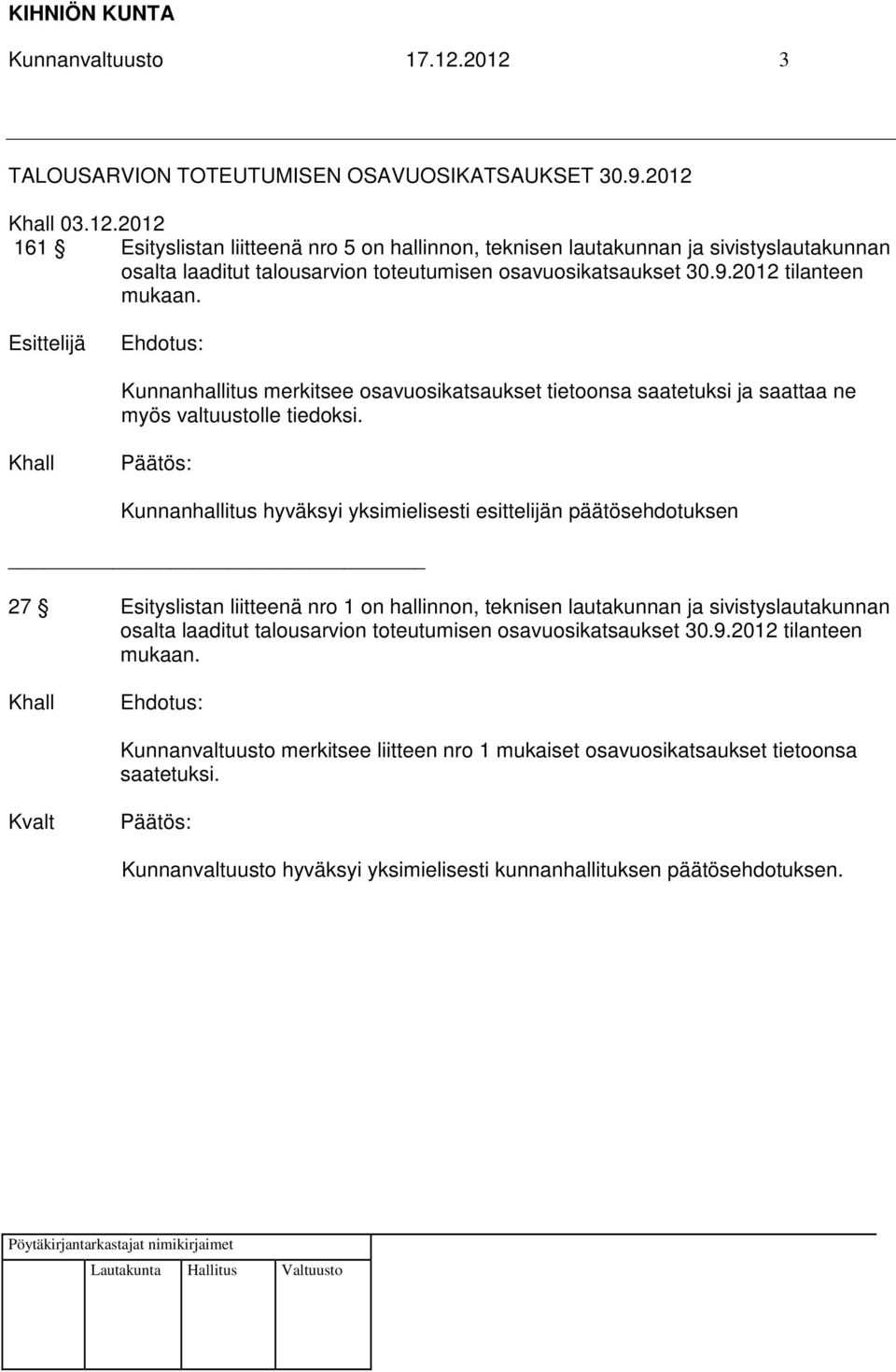 Kunnanhallitus hyväksyi yksimielisesti esittelijän päätösehdotuksen 27 Esityslistan liitteenä nro 1 on hallinnon, teknisen lautakunnan ja sivistyslautakunnan osalta laaditut talousarvion toteutumisen