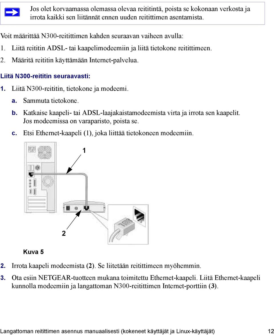 Liitä N300-reititin seuraavasti: 1. Liitä N300-reititin, tietokone ja modeemi. a. Sammuta tietokone. b. Katkaise kaapeli- tai ADSL-laajakaistamodeemista virta ja irrota sen kaapelit.