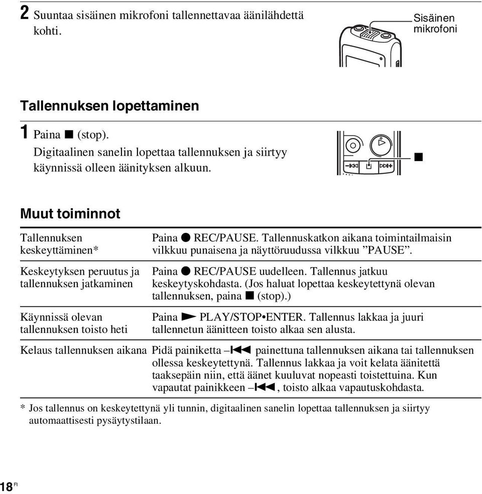 x Muut toiminnot Tallennuksen keskeyttäminen* Keskeytyksen peruutus ja tallennuksen jatkaminen Käynnissä olevan tallennuksen toisto heti Paina z REC/PAUSE.