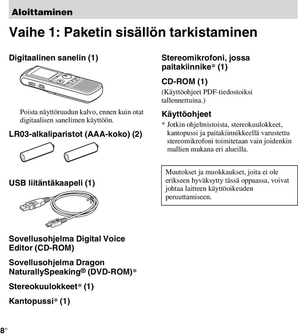 ) Käyttöohjeet * Jotkin ohjelmistoista, stereokuulokkeet, kantopussi ja paitakiinnikkeellä varustettu stereomikrofoni toimitetaan vain joidenkin mallien mukana eri alueilla.
