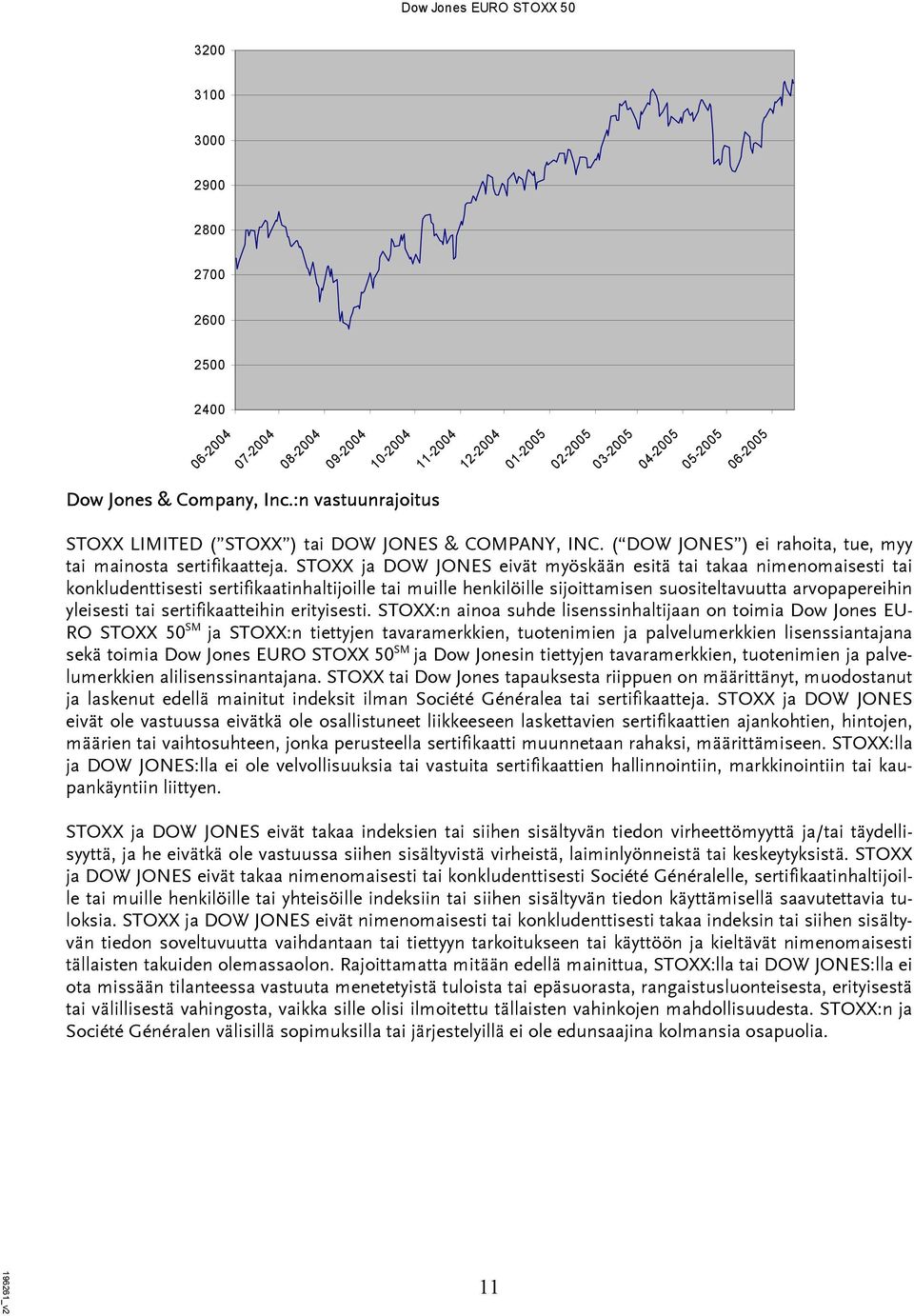 STOXX ja DOW JONES eivät myöskään esitä tai takaa nimenomaisesti tai konkludenttisesti sertifikaatinhaltijoille tai muille henkilöille sijoittamisen suositeltavuutta arvopapereihin yleisesti tai