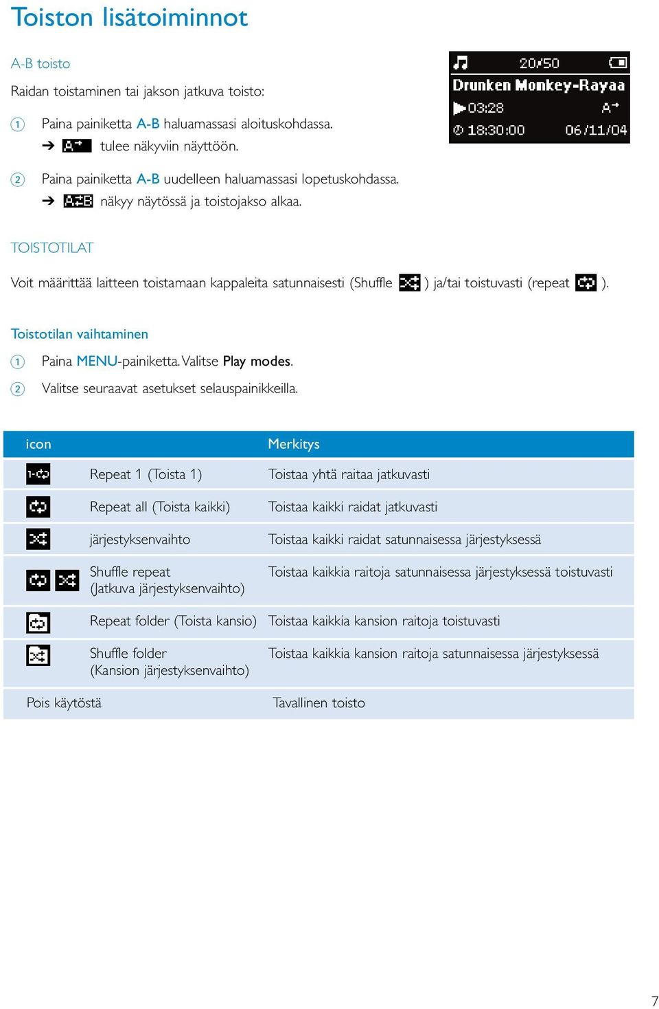 TOISTOTILAT Voit määrittää laitteen toistamaan kappaleita satunnaisesti (Shuffle ) ja/tai toistuvasti (repeat ). Toistotilan vaihtaminen 1 Paina MENU-painiketta.Valitse Play modes.