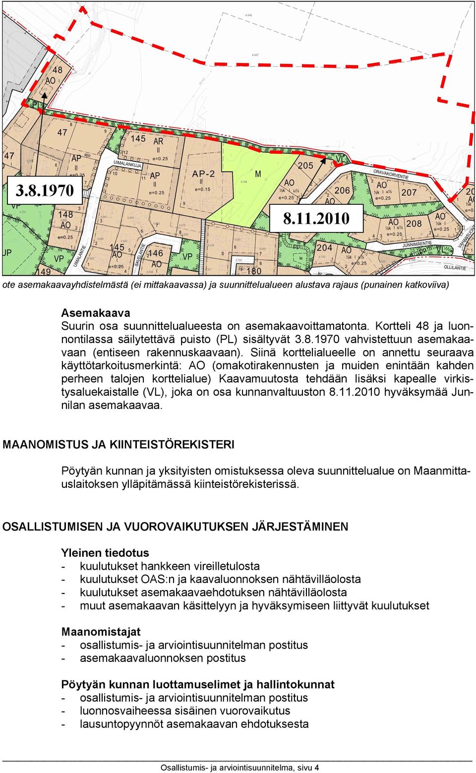 Siinä korttelialueelle on annettu seuraava käyttötarkoitusmerkintä: AO (omakotirakennusten ja muiden enintään kahden perheen talojen korttelialue) Kaavamuutosta tehdään lisäksi kapealle