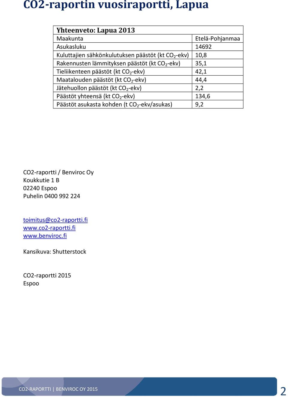 Jätehuollon päästöt (kt CO 2 -ekv) 2,2 Päästöt yhteensä (kt CO 2 -ekv) 134,6 Päästöt asukasta kohden (t CO 2 -ekv/asukas) 9,2 CO2-raportti / Benviroc