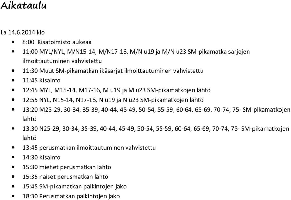 vahvistettu 11:45 Kisainfo 12:45 MYL, M15-14, M17-16, M u19 ja M u23 SM-pikamatkojen lähtö 12:55 NYL, N15-14, N17-16, N u19 ja N u23 SM-pikamatkojen lähtö 13:20 M25-29, 30-34, 35-39, 40-44,