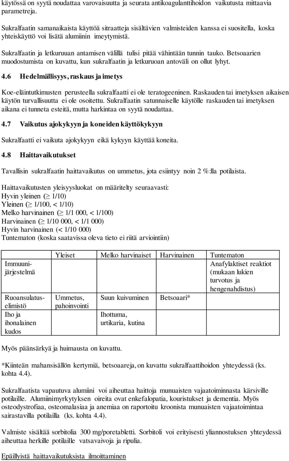 Sukralfaatin ja letkuruuan antamisen välillä tulisi pitää vähintään tunnin tauko. Betsoaarien muodostumista on kuvattu, kun sukralfaatin ja letkuruoan antoväli on ollut lyhyt. 4.