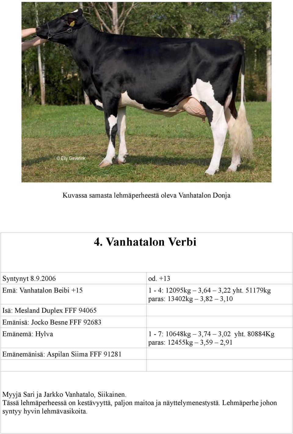 51179kg paras: 13402kg 3,82 3,10 Isä: Mesland Duplex FFF 94065 Emänisä: Jocko Besne FFF 92683 Emänemä: Hylva 1-7: 10648kg 3,74