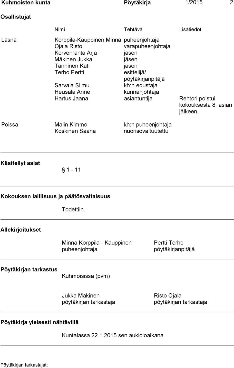 Poissa Malin Kimmo kh:n puheenjohtaja Koskinen Saana nuorisovaltuutettu Käsitellyt asiat 1-11 Kokouksen laillisuus ja päätösvaltaisuus Todettiin.