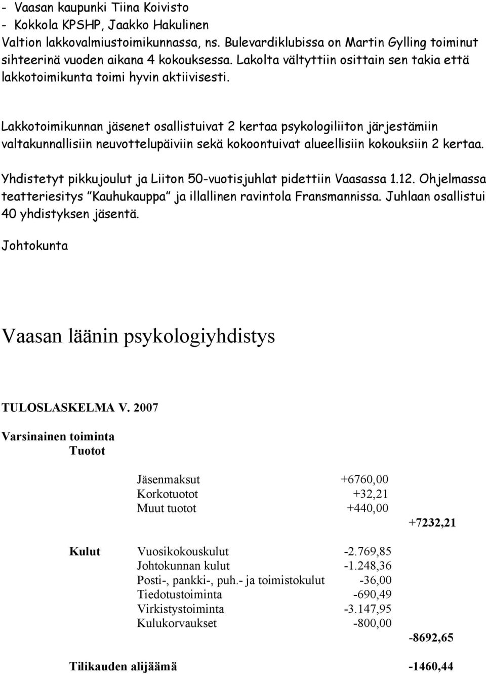 Lakkotoimikunnan jäsenet osallistuivat 2 kertaa psykologiliiton järjestämiin valtakunnallisiin neuvottelupäiviin sekä kokoontuivat alueellisiin kokouksiin 2 kertaa.