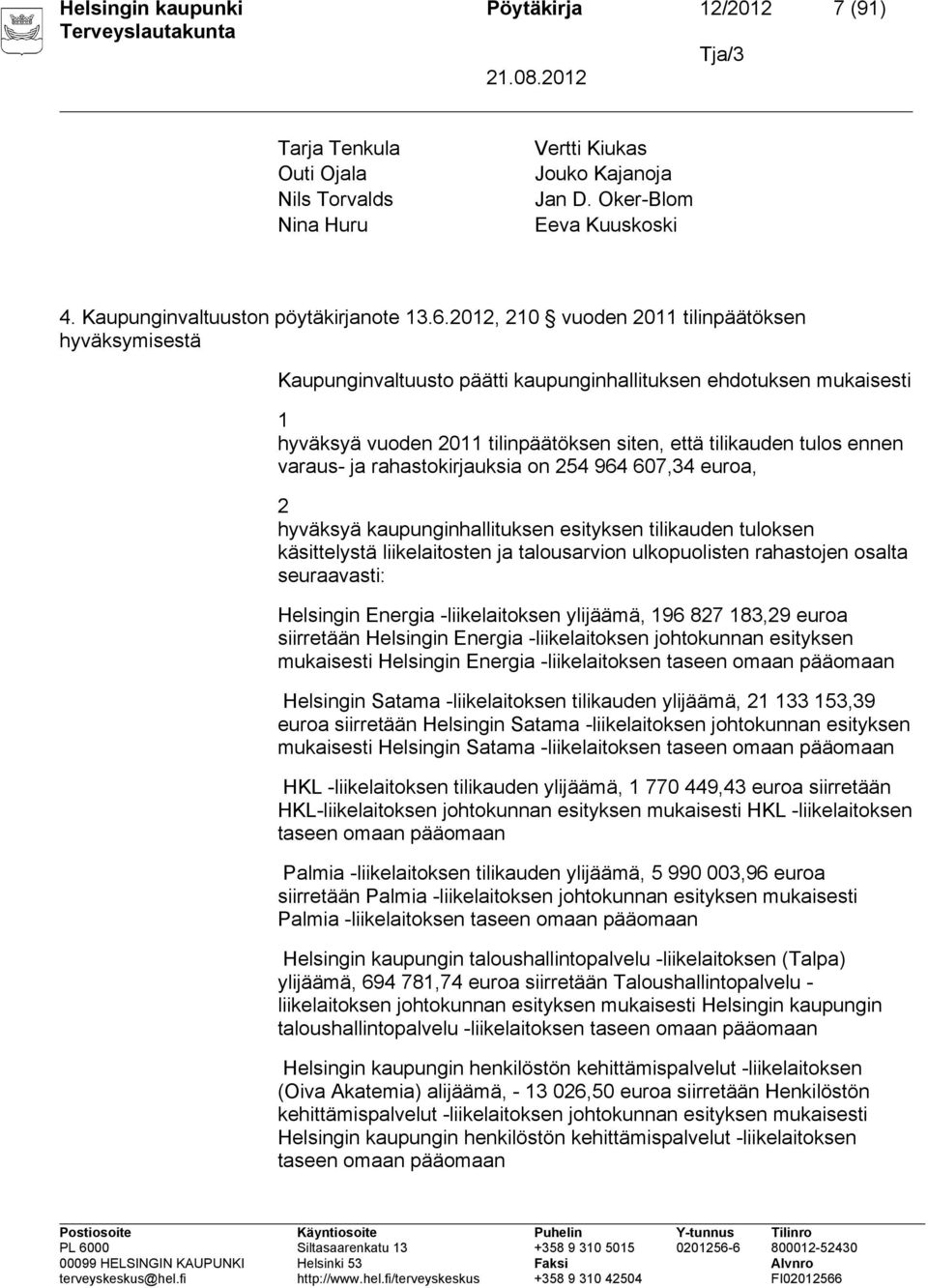 2012, 210 vuoden 2011 tilinpäätöksen hyväksymisestä Kaupunginvaltuusto päätti kaupunginhallituksen ehdotuksen mukaisesti 1 hyväksyä vuoden 2011 tilinpäätöksen siten, että tilikauden tulos ennen