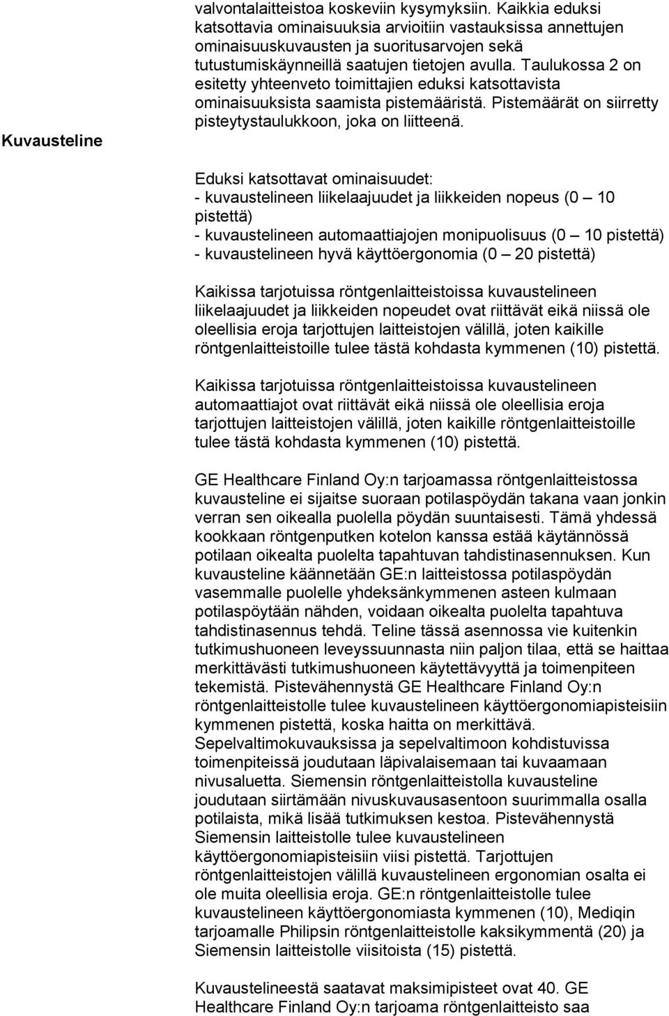 Taulukossa 2 on esitetty yhteenveto toimittajien eduksi katsottavista ominaisuuksista saamista pistemääristä. Pistemäärät on siirretty pisteytystaulukkoon, joka on liitteenä.