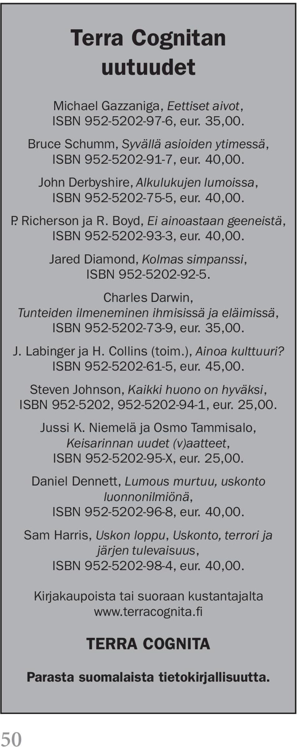 Charles Darwin, Tunteiden ilmeneminen ihmisissä ja eläimissä, ISBN 952-5202-73-9, eur. 35,00. J. Labinger ja H. Collins (toim.), Ainoa kulttuuri? ISBN 952-5202-61-5, eur. 45,00.