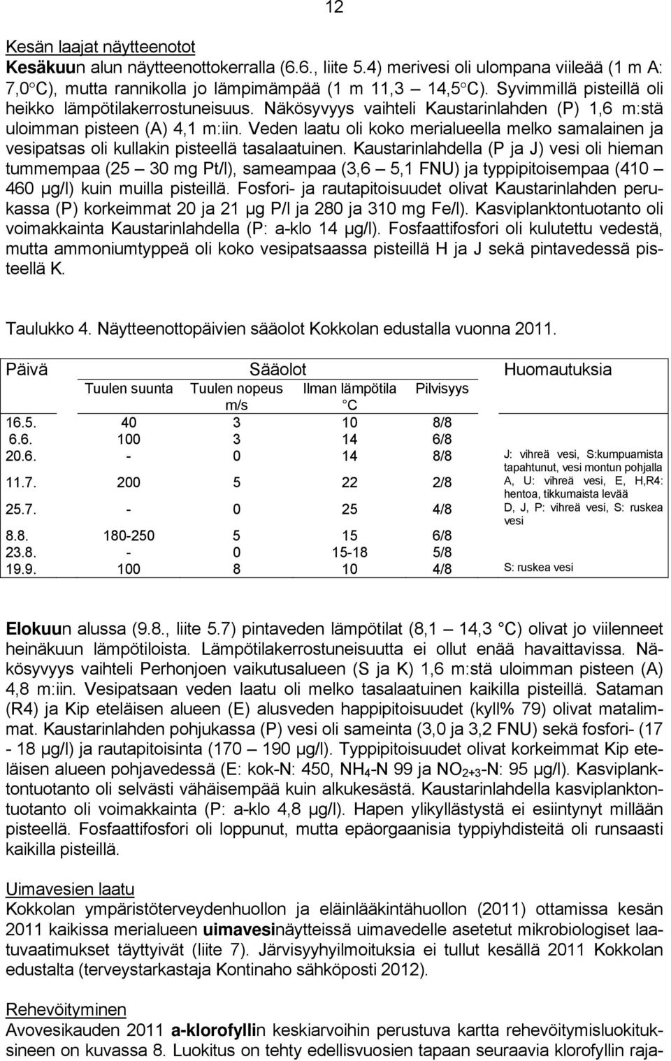 Veden laatu oli koko merialueella melko samalainen ja vesipatsas oli kullakin pisteellä tasalaatuinen.