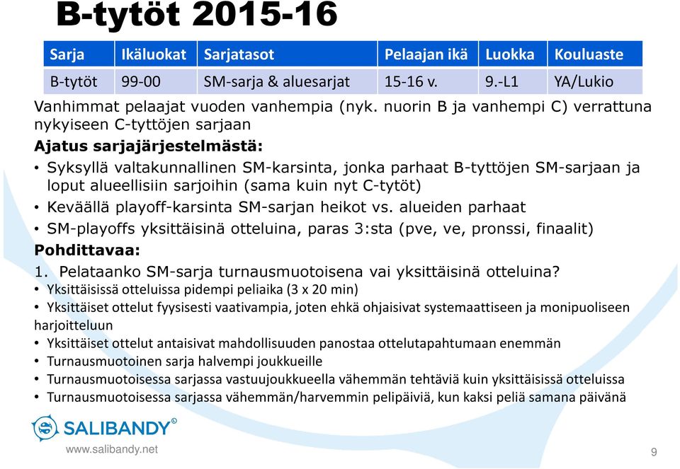 (sama kuin nyt C-tytöt) Keväällä playoff-karsinta SM-sarjan heikot vs. alueiden parhaat SM-playoffs yksittäisinä otteluina, paras 3:sta (pve, ve, pronssi, finaalit) Pohdittavaa: 1.