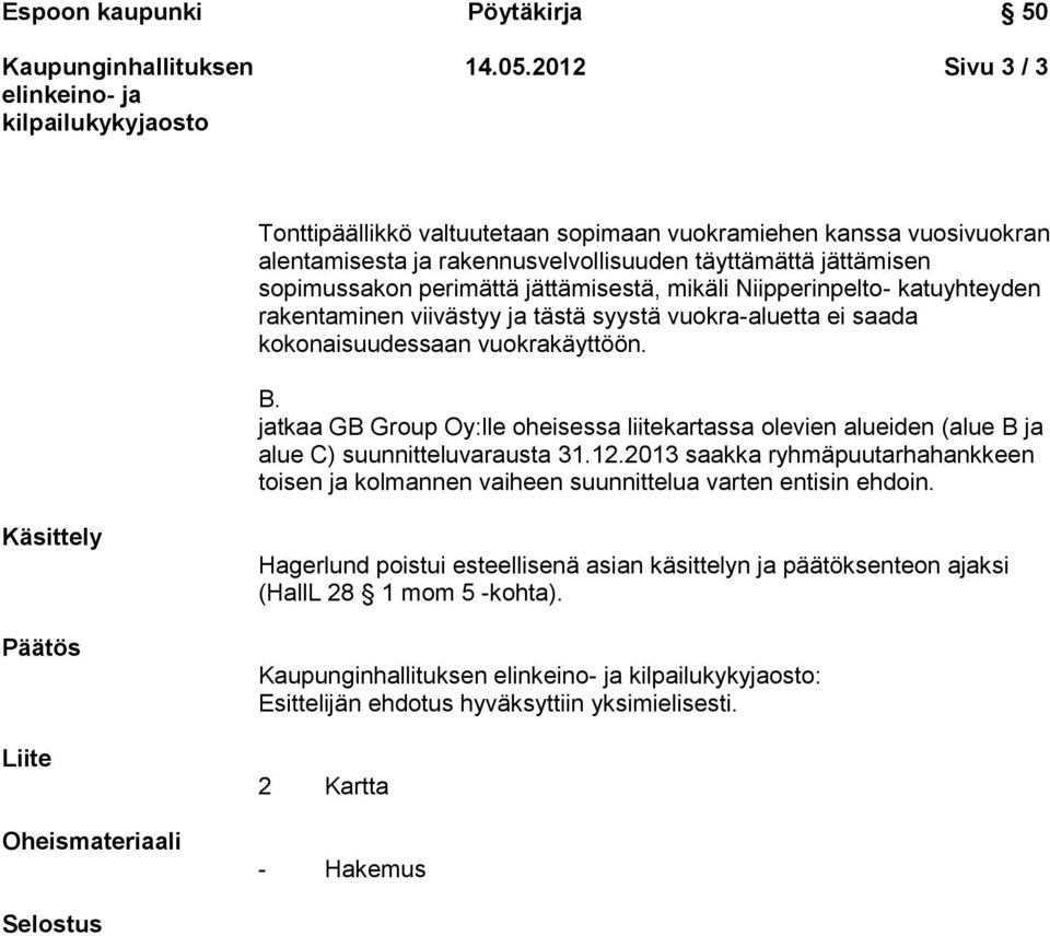 mikäli Niipperinpelto- katuyhteyden rakentaminen viivästyy ja tästä syystä vuokra-aluetta ei saada kokonaisuudessaan vuokrakäyttöön. B.