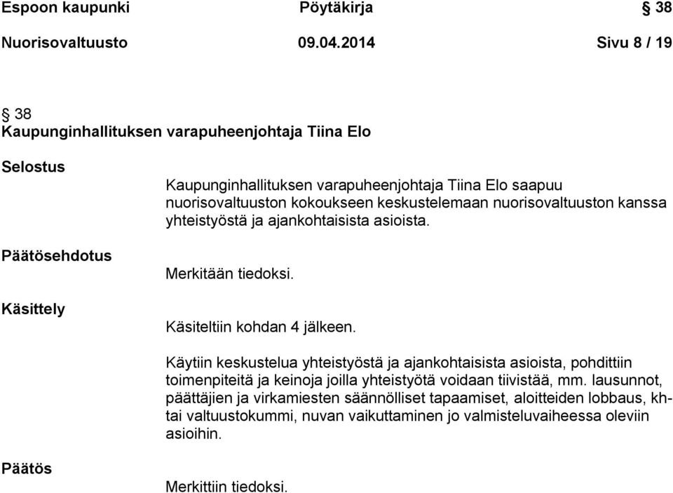 kokoukseen keskustelemaan nuorisovaltuuston kanssa yhteistyöstä ja ajankohtaisista asioista. Merkitään tiedoksi. Käsiteltiin kohdan 4 jälkeen.