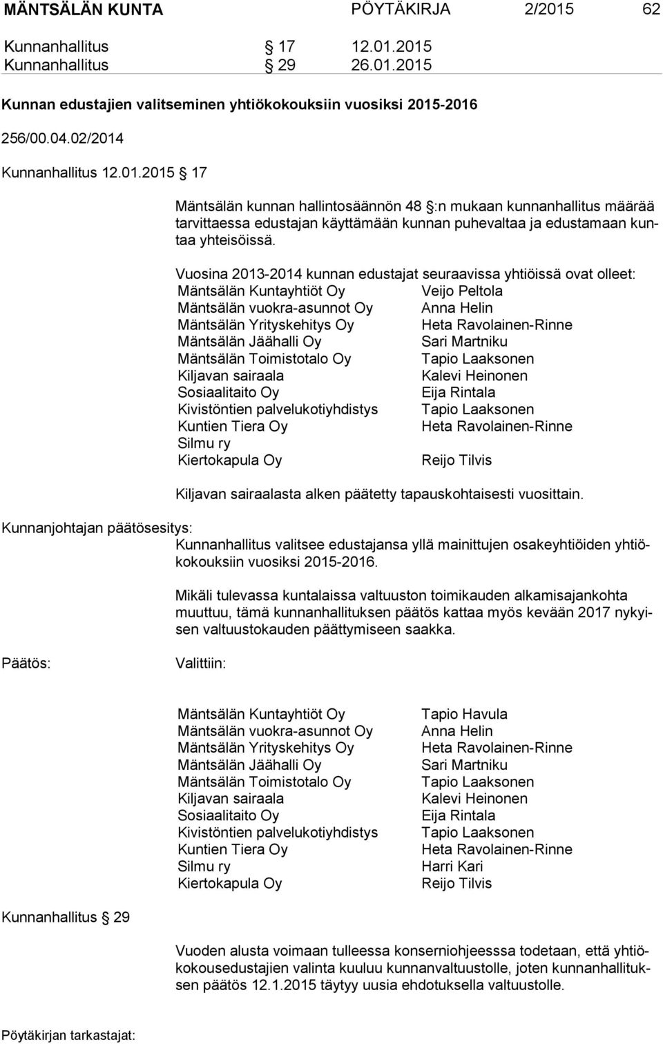 Mäntsälän Jäähalli Oy Sari Martniku Mäntsälän Toimistotalo Oy Tapio Laaksonen Kiljavan sairaala Kalevi Heinonen Sosiaalitaito Oy Eija Rintala Kivistöntien palvelukotiyhdistys Tapio Laaksonen Kuntien