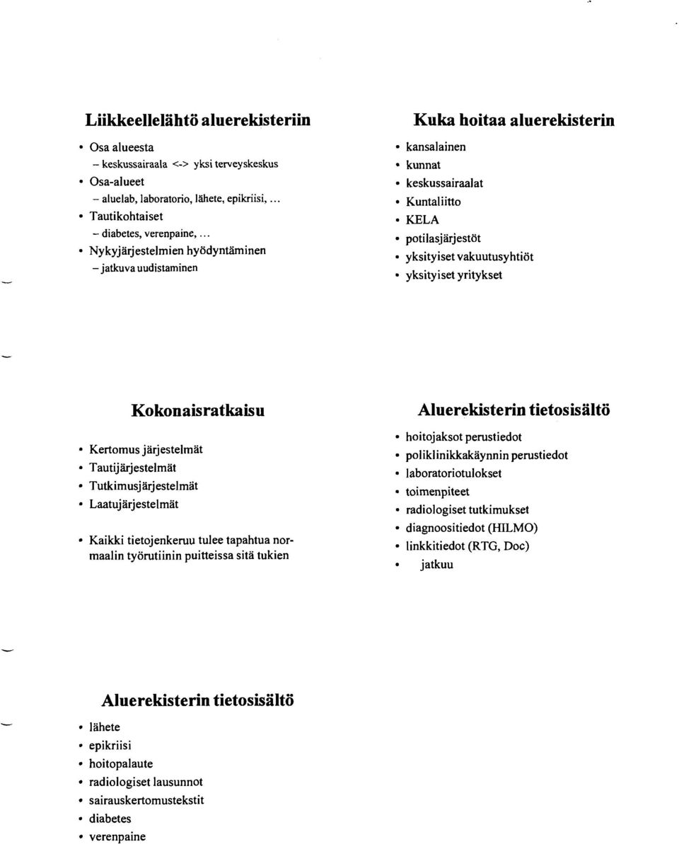 Kokonaisratkaisu Kertomus järjestelmät Tautijarjestelmät Tutkimusjärjestelmat Laatujärjestelmät Kaikki tietojenkeruu tulee tapahtua normaalin työrutiinin puitteissa sitä tukien Aluerekisterin