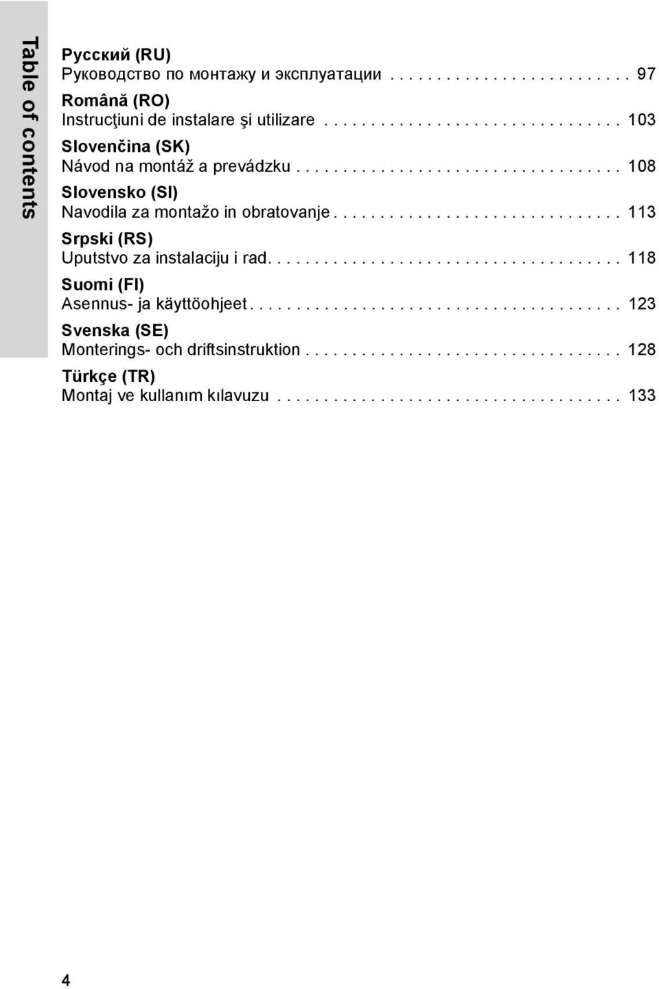 .............................. 113 Srpski (RS) Uputstvo za instalaciju i rad...................................... 118 Suomi (FI) Asennus- ja käyttöohjeet.