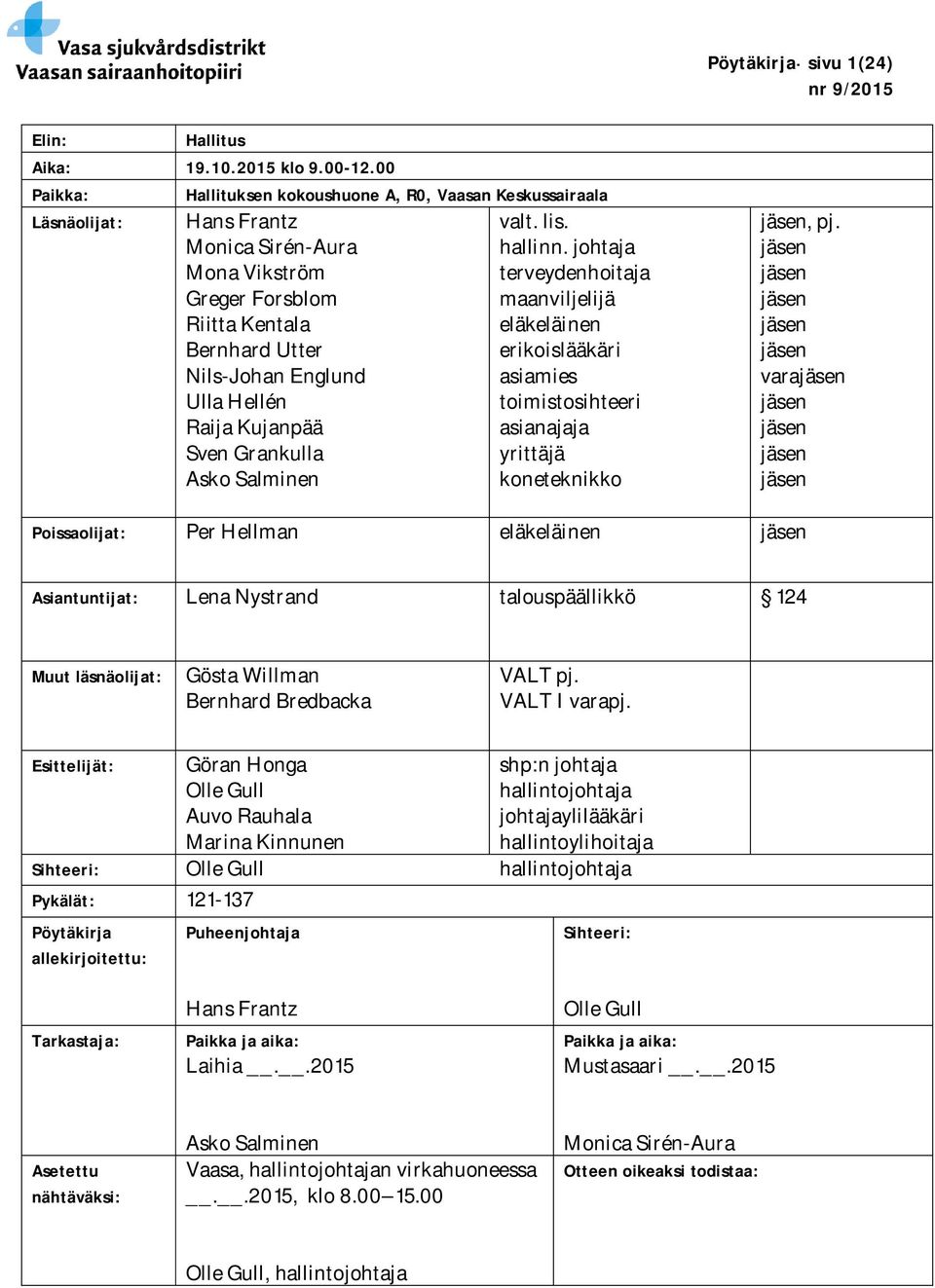 johtaja Mona Vikström terveydenhoitaja Greger Forsblom maanviljelijä Riitta Kentala eläkeläinen Bernhard Utter erikoislääkäri Nils-Johan Englund asiamies Ulla Hellén toimistosihteeri Raija Kujanpää