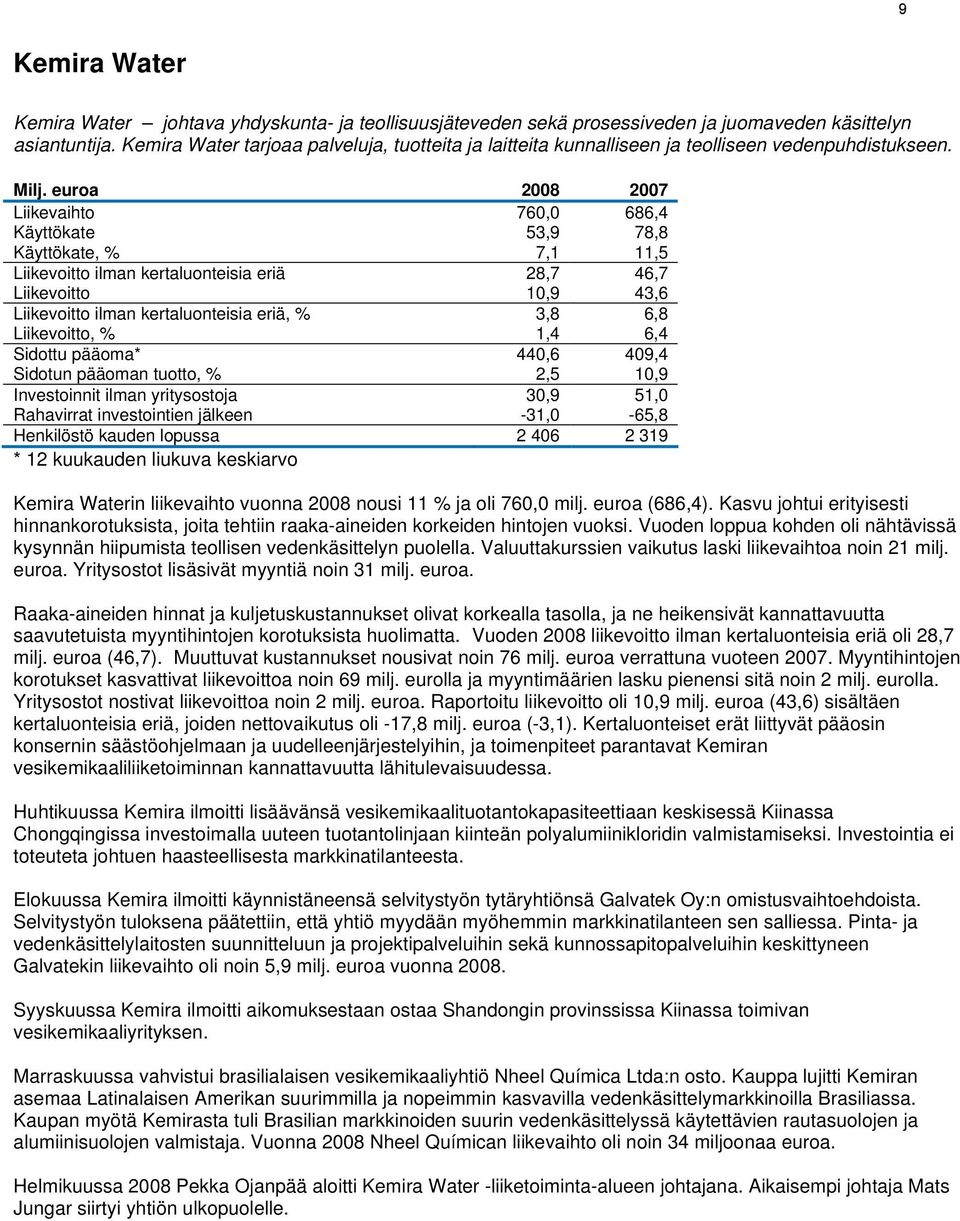 euroa 2008 2007 Liikevaihto 760,0 686,4 Käyttökate 53,9 78,8 Käyttökate, % 7,1 11,5 Liikevoitto ilman kertaluonteisia eriä 28,7 46,7 Liikevoitto 10,9 43,6 Liikevoitto ilman kertaluonteisia eriä, %