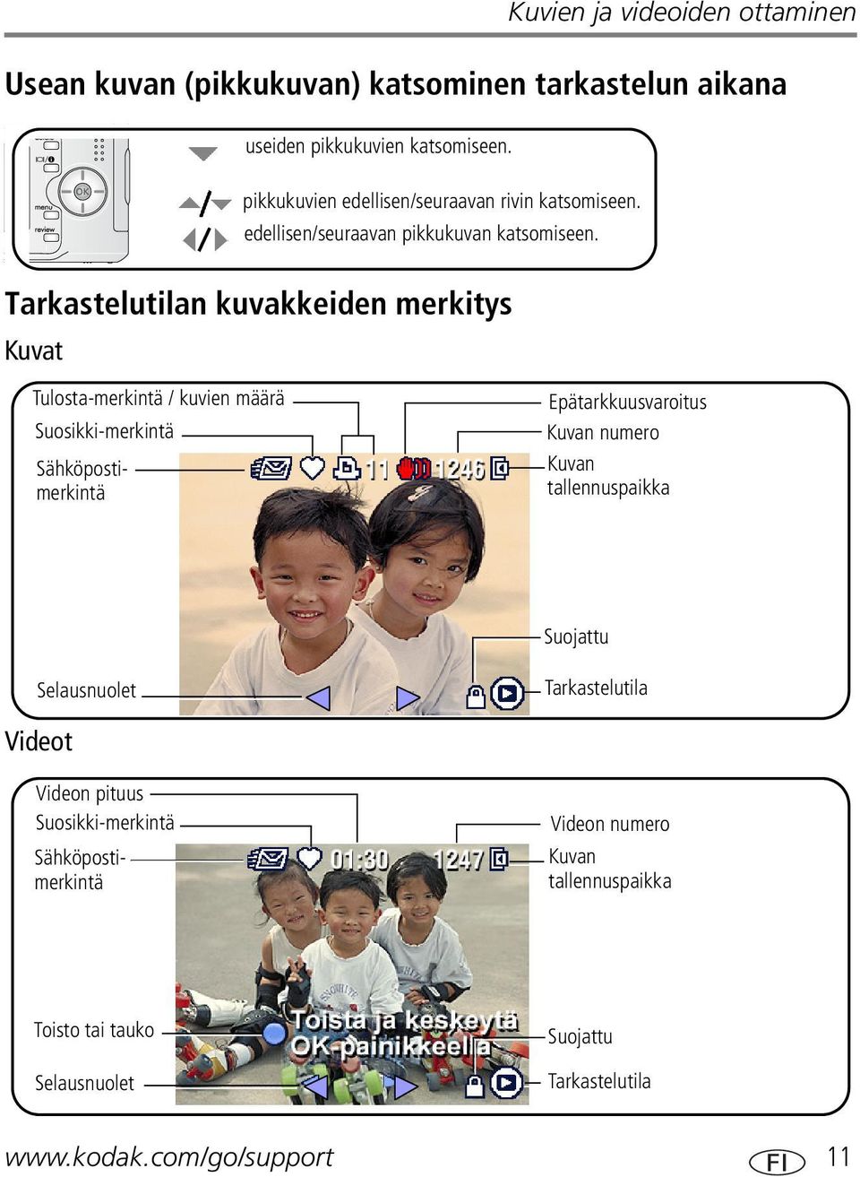 Tarkastelutilan kuvakkeiden merkitys Kuvat Tulosta-merkintä / kuvien määrä Suosikki-merkintä Epätarkkuusvaroitus Kuvan numero Kuvan tallennuspaikka