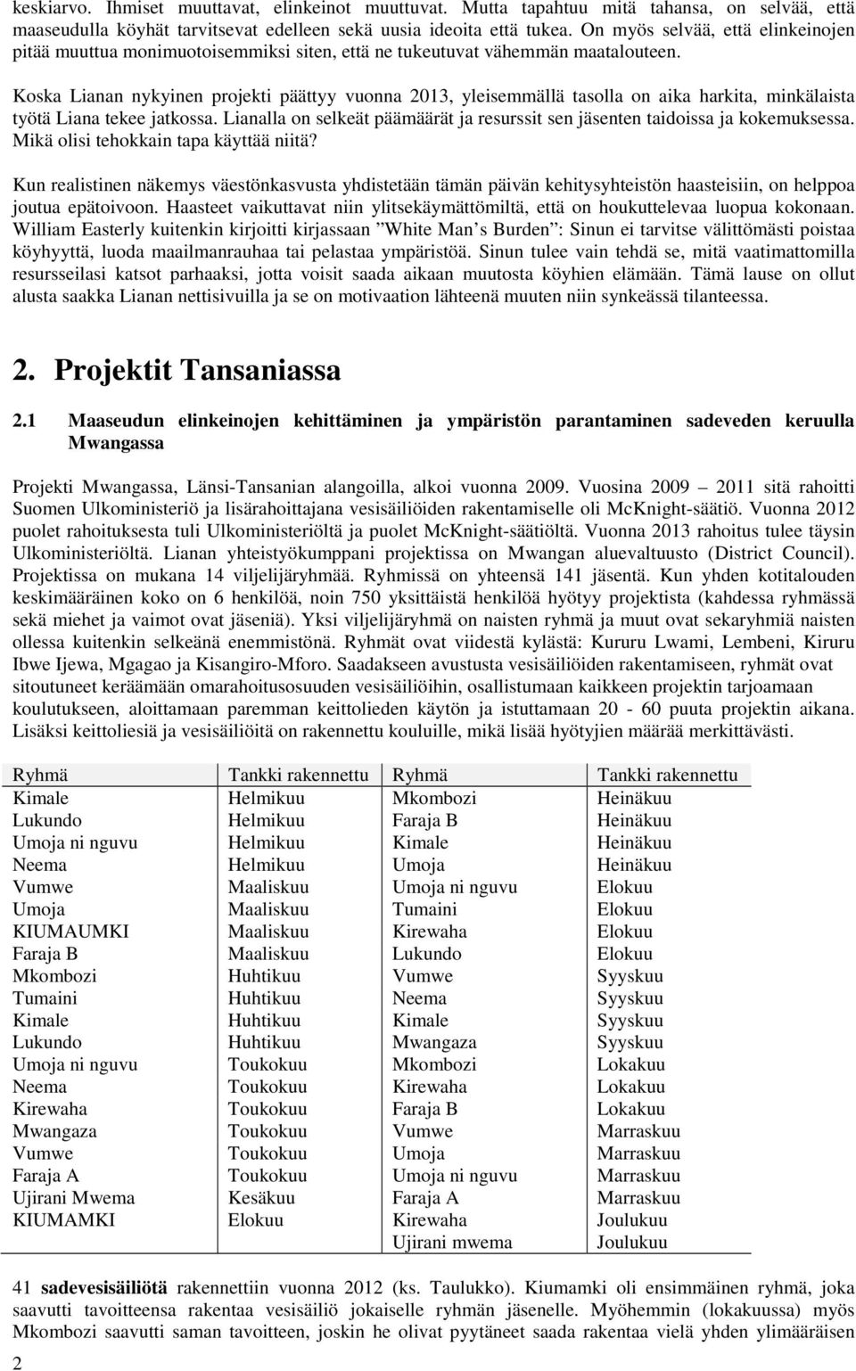 Koska Lianan nykyinen projekti päättyy vuonna 2013, yleisemmällä tasolla on aika harkita, minkälaista työtä Liana tekee jatkossa.