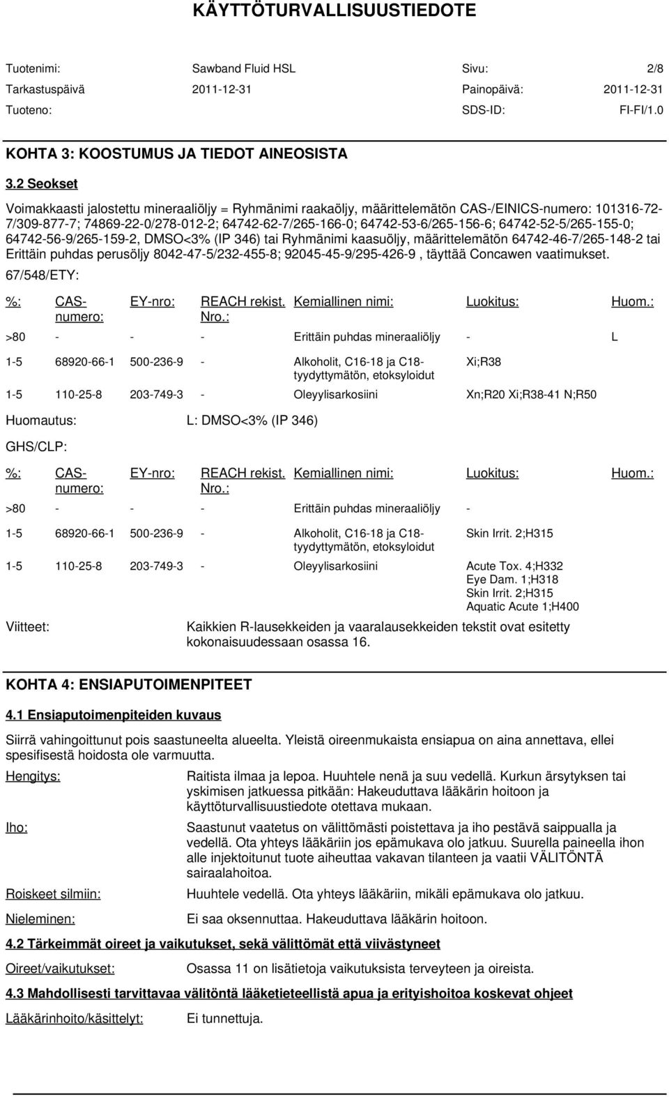 64742-52-5/265-155-0; 64742-56-9/265-159-2, DMSO<3% (IP 346) tai Ryhmänimi kaasuöljy, määrittelemätön 64742-46-7/265-148-2 tai Erittäin puhdas perusöljy 8042-47-5/232-455-8; 92045-45-9/295-426-9,