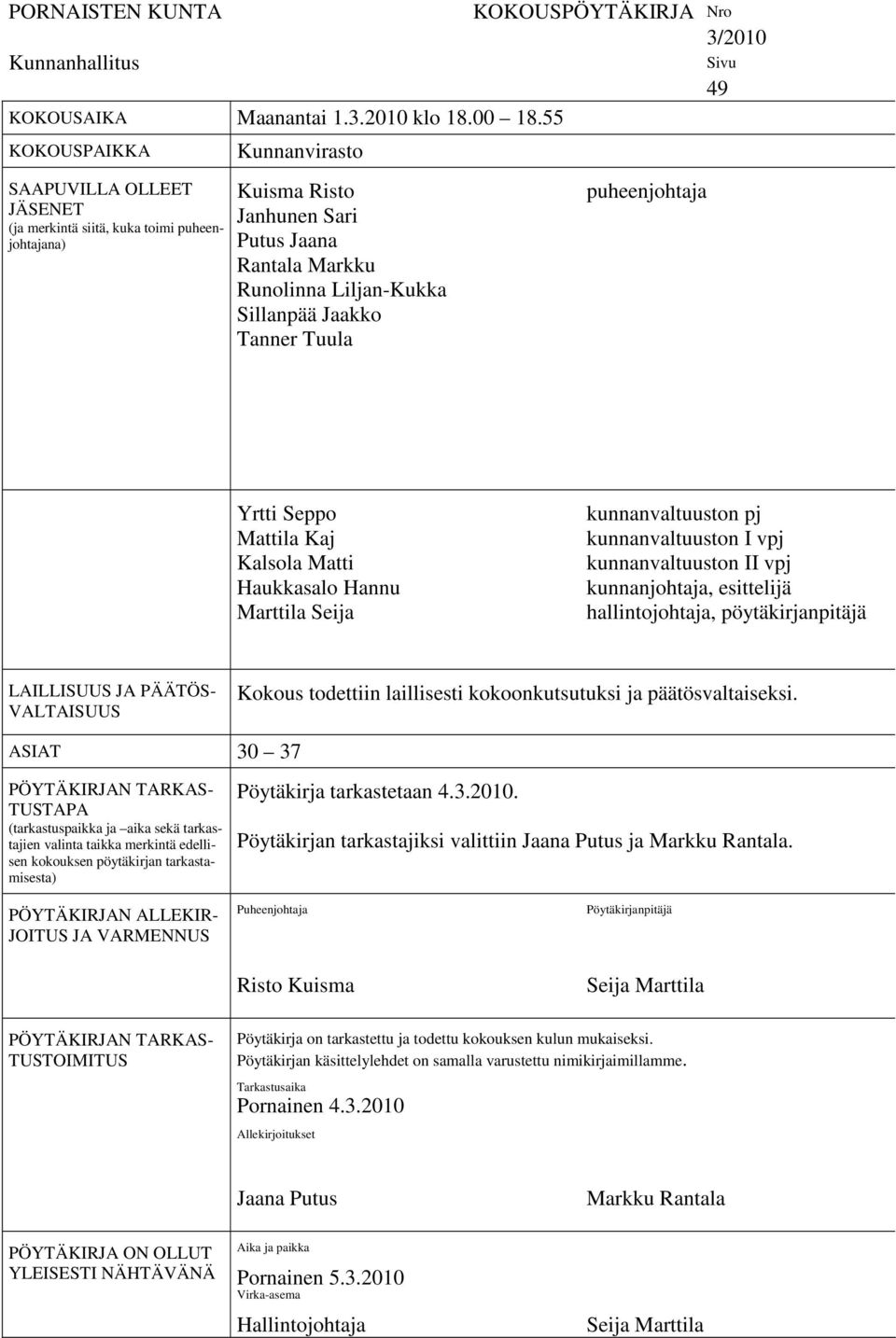 Tanner Tuula KOKOUSPÖYTÄKIRJA Nro 3/2010 puheenjohtaja Sivu 49 Yrtti Seppo Mattila Kaj Kalsola Matti Haukkasalo Hannu Marttila Seija kunnanvaltuuston pj kunnanvaltuuston I vpj kunnanvaltuuston II vpj