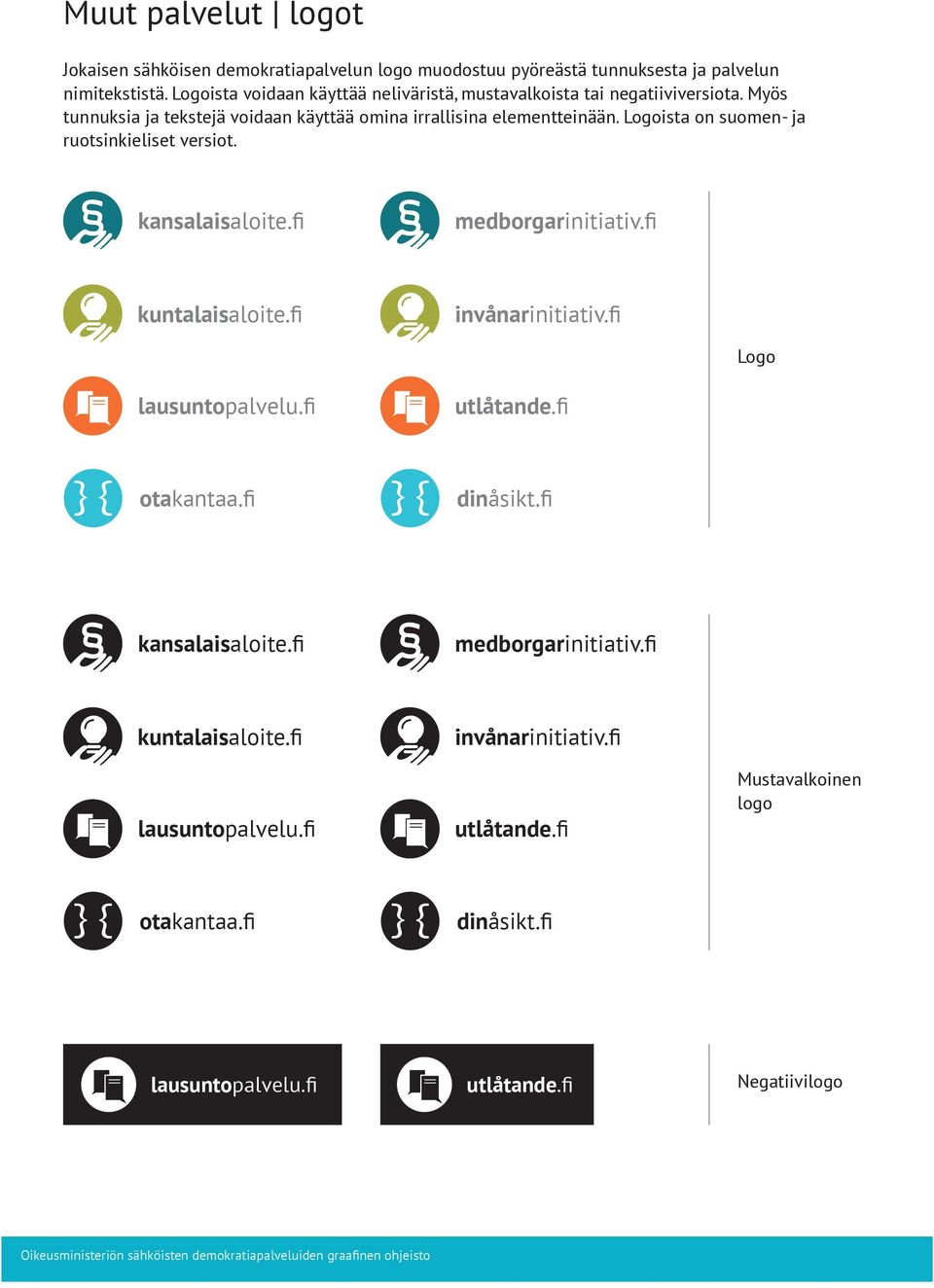 Logoista on suomen- ja ruotsinkieliset versiot. medborgarinitiativ.fi kuntalaisaloite.fi invånarinitiativ.fi Logo lausuntopalvelu.fi utlåtande.fi otakantaa.