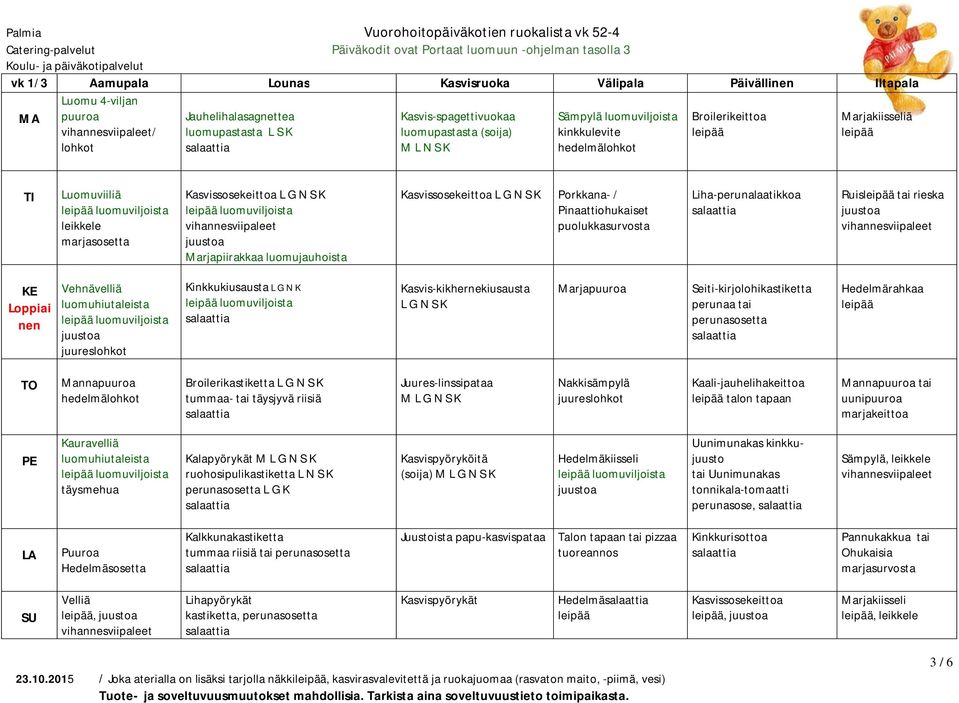 rieska Loppiai nen Vehnävelliä juures Kinkkukiusausta L G N K Kasvis-kikhernekiusausta Seiti-kirjolohikastiketta tai Hedelmärahkaa Mannapuuroa Broilerikastiketta tummaa- tai täysjyvä riisiä