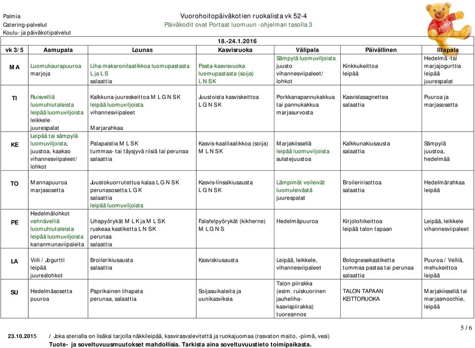 kasviskeittoa Kasvis-kaalilaatikkoa (soija) M L N S K Porkkanapannukakkua tai pannukakkua marjasurvosta sulate Kasvislasagnettea Kalkkunakiusausta ja Sämpylä, Mannapuuroa Hedelmä vehnävelliä