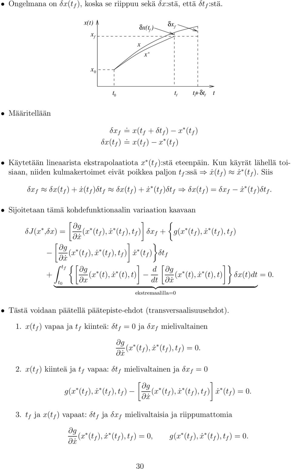 Sijoieaan ämä kohefunkionaalin variaaion kaavaan { δj(,δ) = ẋ ( ( f ), ẋ ( f ), f ) δ f + g( ( f ), ẋ ( f ), f ) } ẋ ( ( f ), ẋ ( f ), f ) ẋ ( f ) δ f { + ( (), ẋ (), ) } ẋ ( (), ẋ (), ) δ() =.