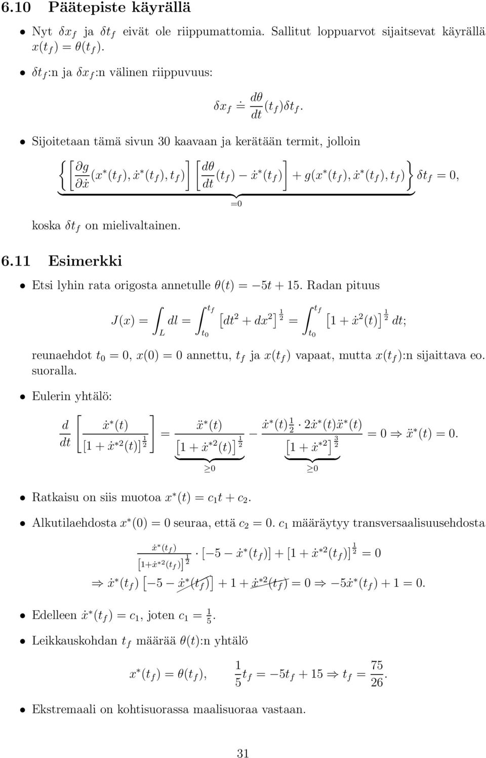 11 Esimerkki Esi lyhin raa origosa anneulle θ() = 5 + 15. Raan piuus J() = l = 2 + 2] 1 f 2 = 1 + ẋ 2 () ]1 2 ; L reunaeho =, () = anneu, f ja ( f ) vapaa, mua ( f ):n sijaiava eo. suoralla.