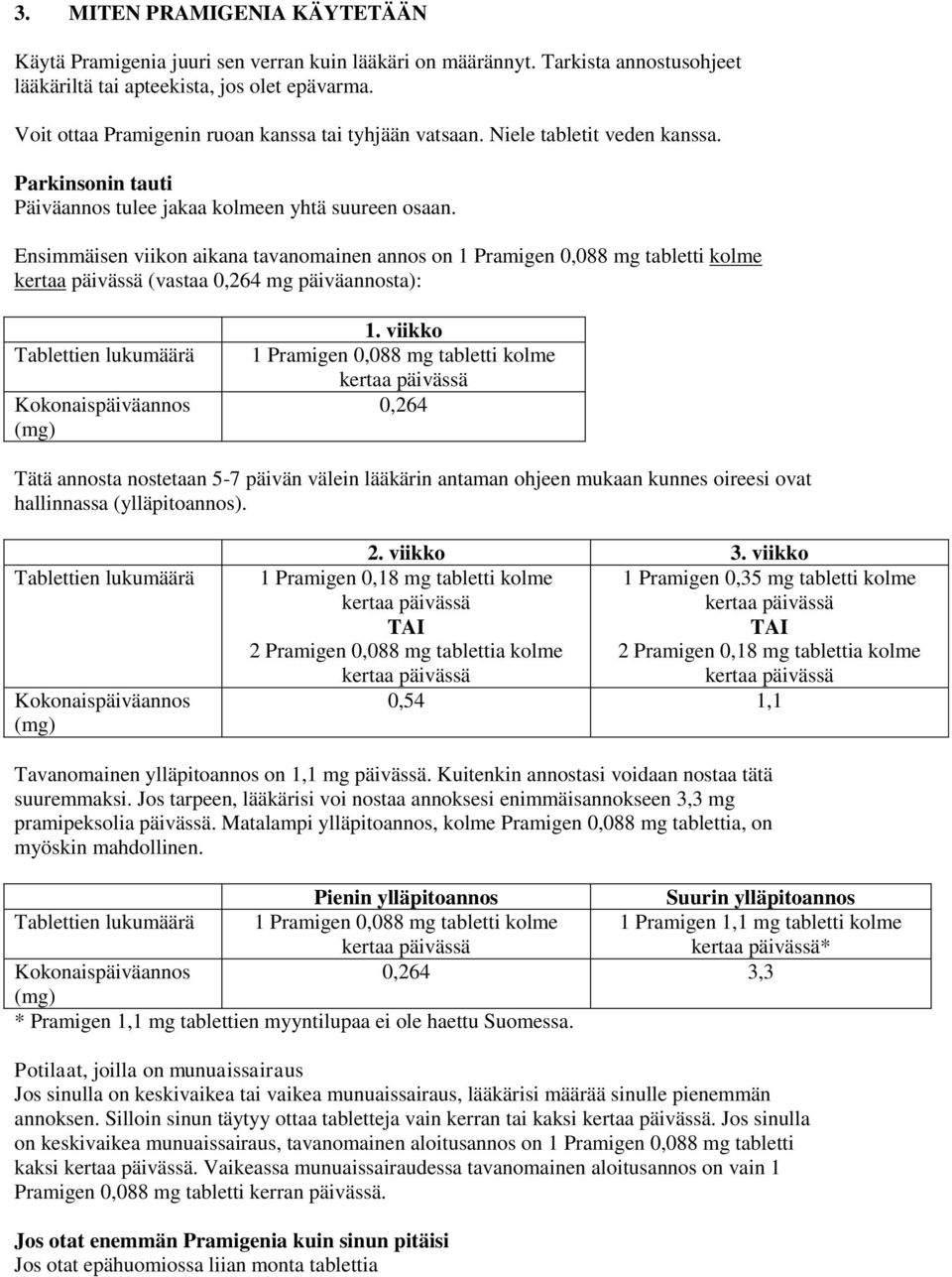 Ensimmäisen viikon aikana tavanomainen annos on 1 Pramigen 0,088 mg tabletti kolme kertaa päivässä (vastaa 0,264 mg päiväannosta): Tablettien lukumäärä Kokonaispäiväannos (mg) 1.