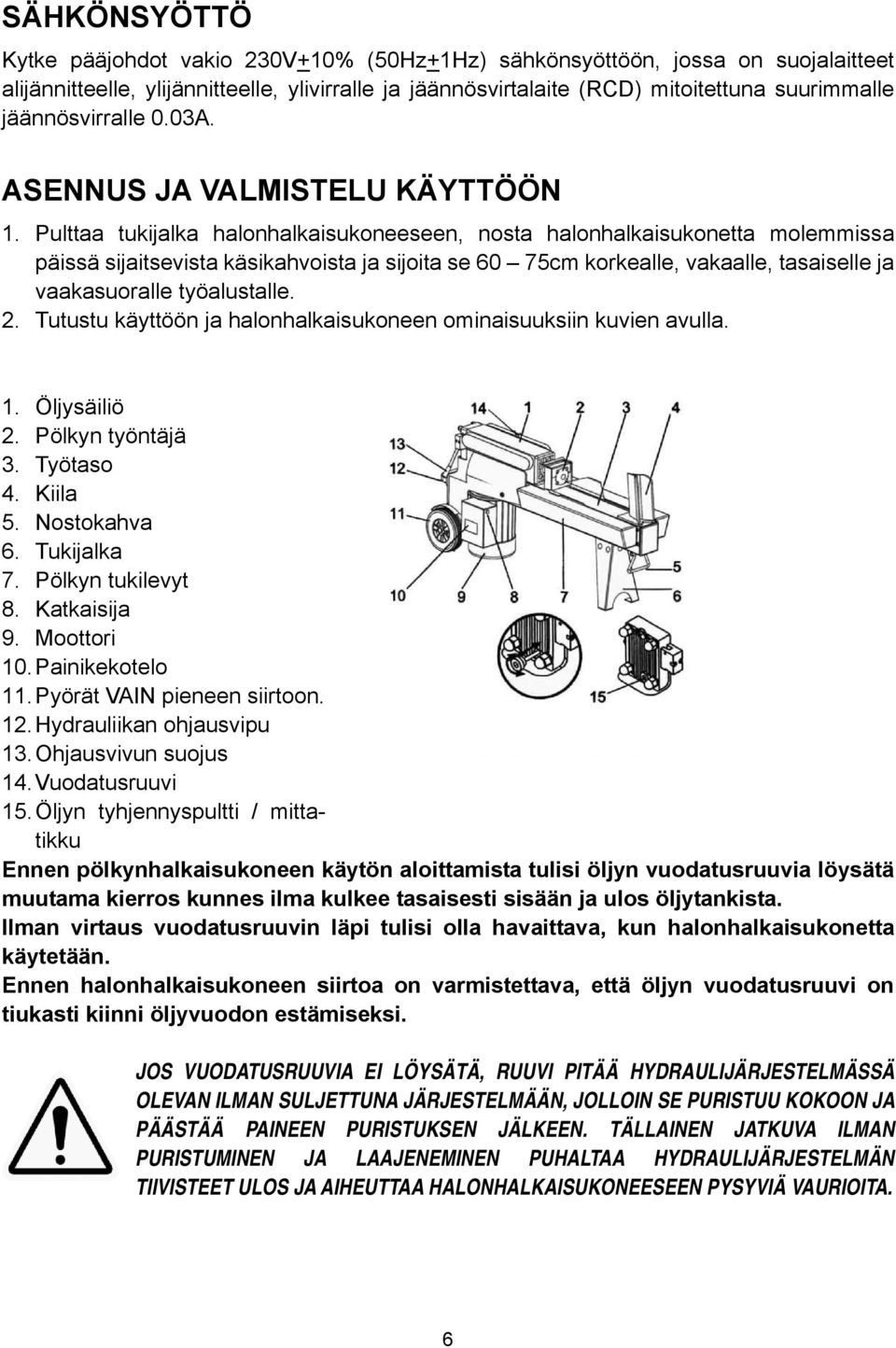 Pulttaa tukijalka halonhalkaisukoneeseen, nosta halonhalkaisukonetta molemmissa päissä sijaitsevista käsikahvoista ja sijoita se 60 75cm korkealle, vakaalle, tasaiselle ja vaakasuoralle työalustalle.