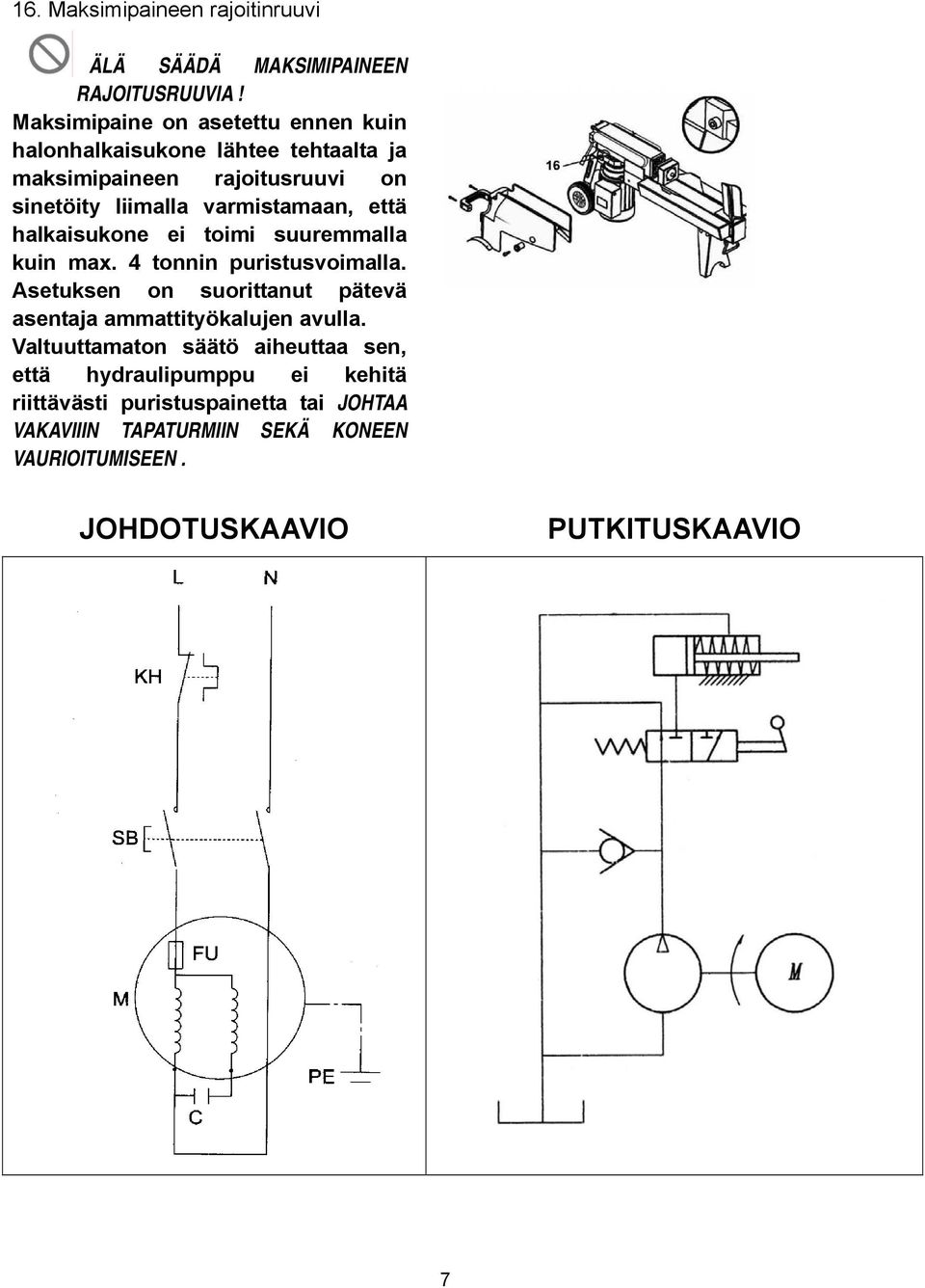 varmistamaan, että halkaisukone ei toimi suuremmalla kuin max. 4 tonnin puristusvoimalla.