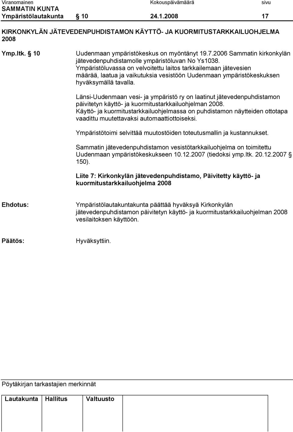 Länsi Uudenmaan vesi ja ympäristö ry on laatinut jätevedenpuhdistamon päivitetyn käyttö ja kuormitustarkkailuohjelman 2008.