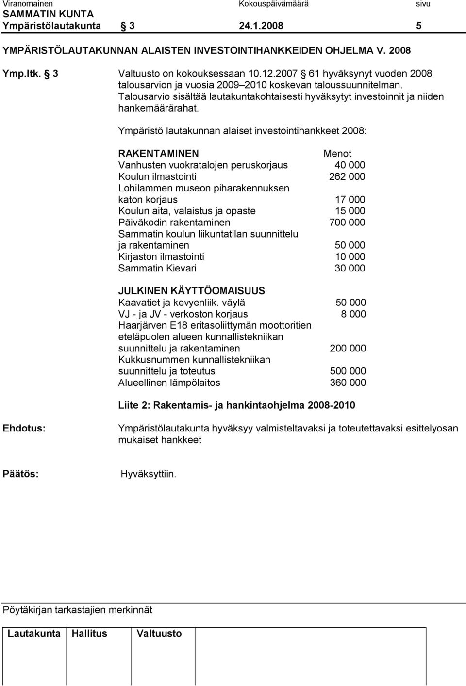 Ympäristö lautakunnan alaiset investointihankkeet 2008: RAKENTAMINEN Menot Vanhusten vuokratalojen peruskorjaus 40 000 Koulun ilmastointi 262 000 Lohilammen museon piharakennuksen katon korjaus 17