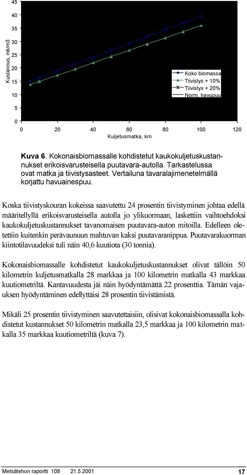 Koska tiivistyskouran kokeissa saavutettu 24 prosentin tiivistyminen johtaa edellä määritellyllä erikoisvarusteisella autolla jo ylikuormaan, laskettiin vaihtoehdoksi kaukokuljetuskustannukset