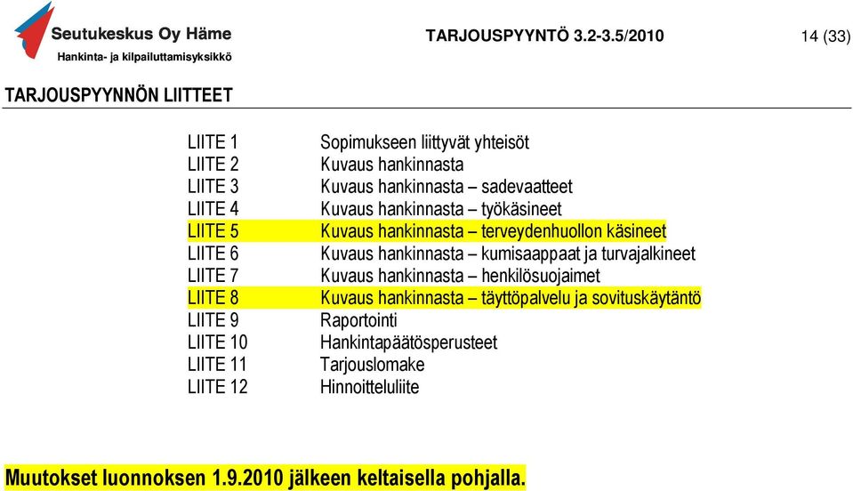 Sopimukseen liittyvät yhteisöt Kuvaus hankinnasta Kuvaus hankinnasta sadevaatteet Kuvaus hankinnasta työkäsineet Kuvaus hankinnasta