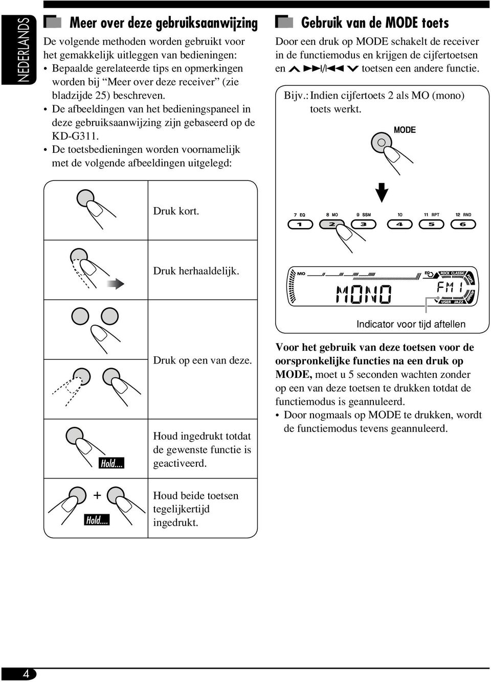 De toetsbedieningen worden voornamelijk met de volgende afbeeldingen uitgelegd: Gebruik van de MODE toets Door een druk op MODE schakelt de receiver in de functiemodus en krijgen de cijfertoetsen en
