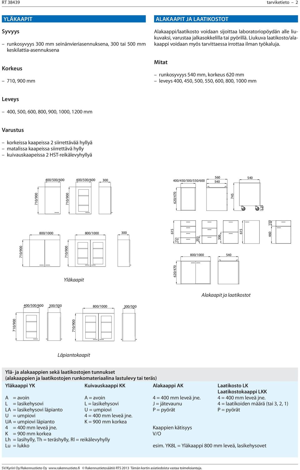 Mitat runkosyvyys 540 mm, korkeus 620 mm leveys 400, 450, 500, 550, 600, 800, 1000 mm Leveys 400, 500, 600, 800, 900, 1000, 1200 mm Varustus korkeissa kaapeissa 2 siirrettävää hyllyä matalissa