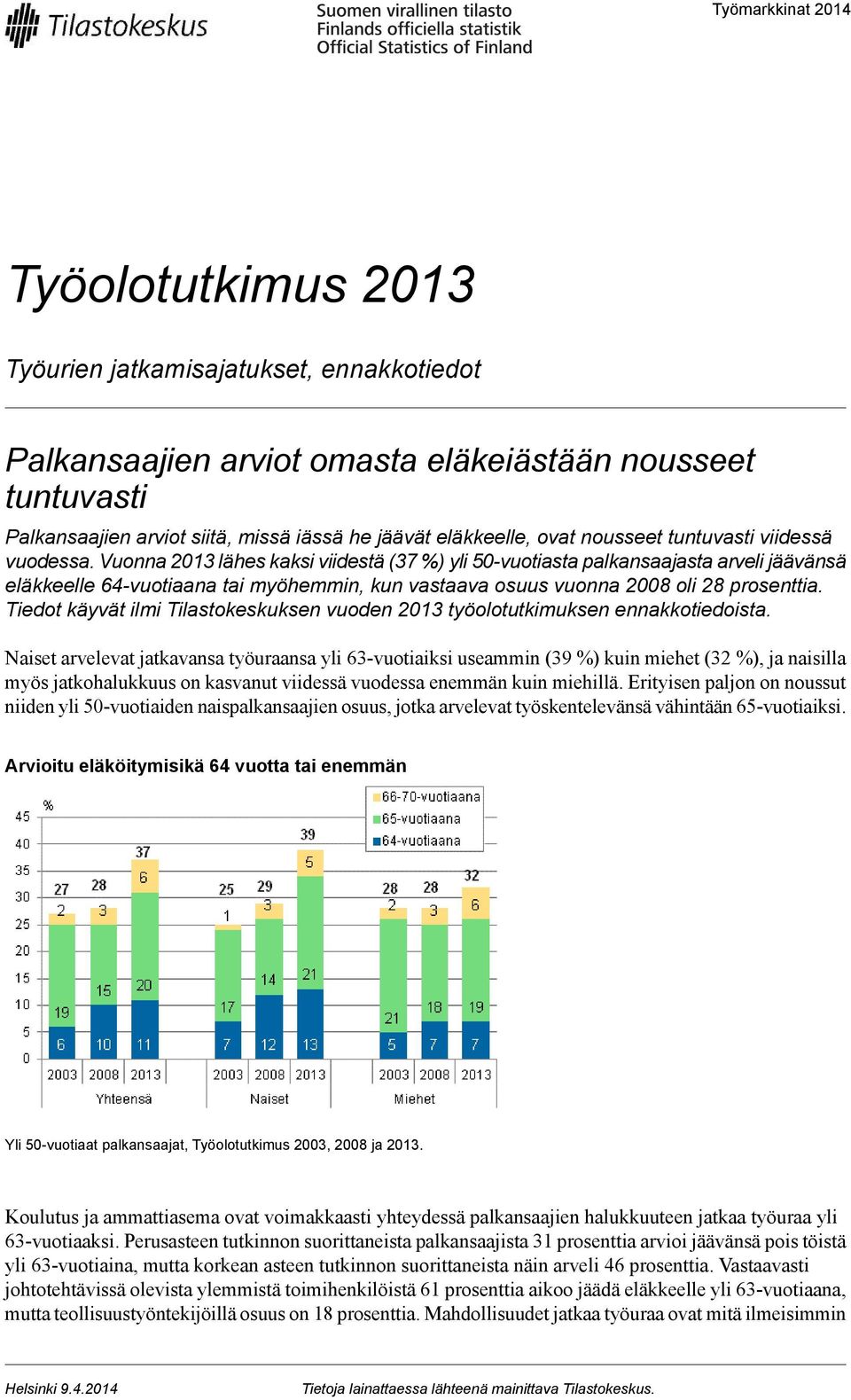 Vuonna 2013 lähes kaksi viidestä (37 %) yli 50-vuotiasta palkansaajasta arveli jäävänsä eläkkeelle 64-vuotiaana tai myöhemmin, kun vastaava osuus vuonna 2008 oli 28 prosenttia.