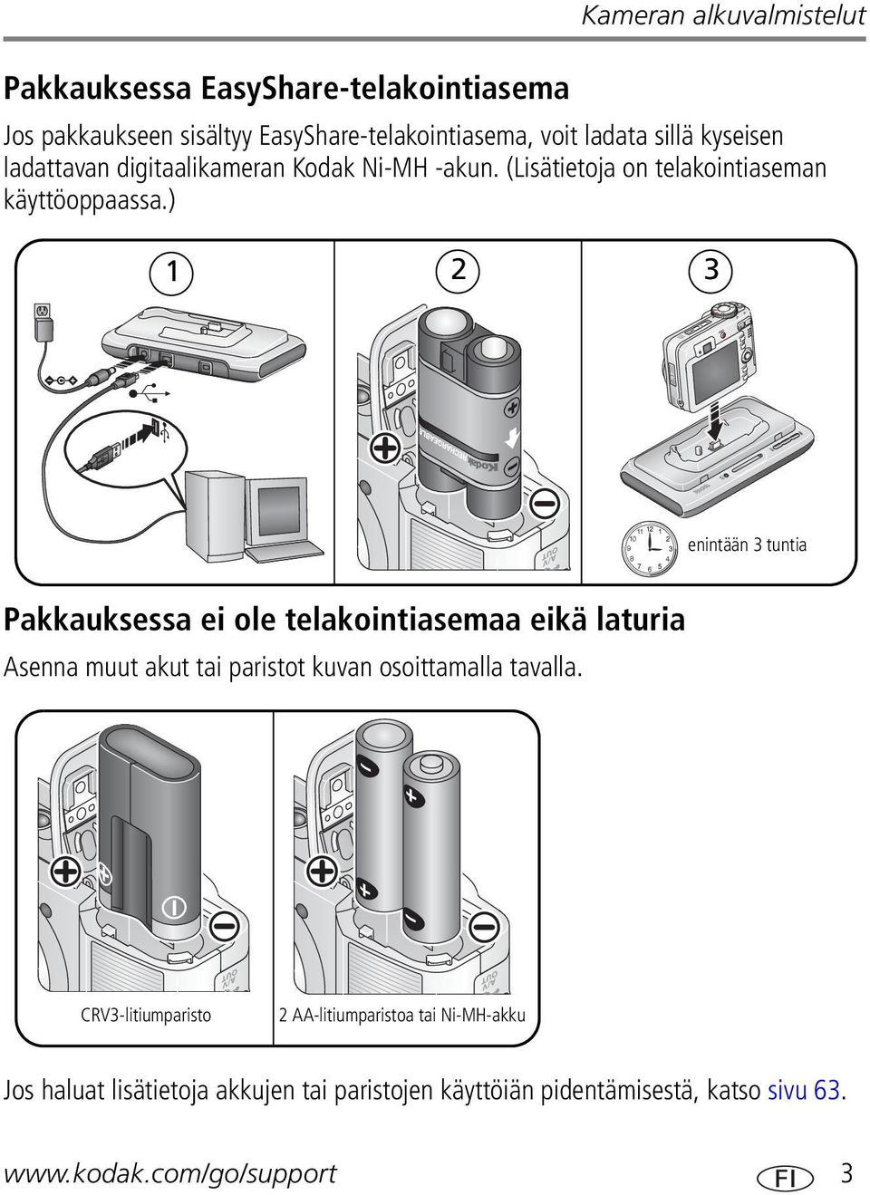 ) 1 2 3 enintään 3 tuntia Pakkauksessa ei ole telakointiasemaa eikä laturia Asenna muut akut tai paristot kuvan osoittamalla tavalla.