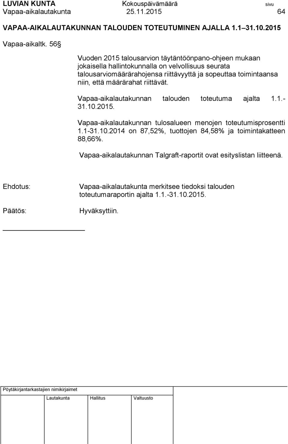 niin, että määrärahat riittävät. Vapaa-aikalautakunnan talouden toteutuma ajalta 1.1.- 31.10.2015. Vapaa-aikalautakunnan tulosalueen menojen toteutumisprosentti 1.1-31.10.2014 on 87,52%, tuottojen 84,58% ja toimintakatteen 88,66%.