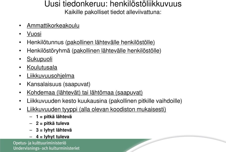 Liikkuvuusohjelma Kansalaisuus (saapuvat) Kohdemaa (lähtevät) tai lähtömaa (saapuvat) Liikkuvuuden kesto kuukausina