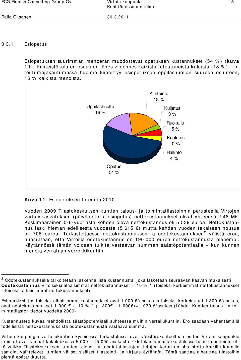 Oppilashuolto 16 % Opetus 54 % Kiinteistö 18 % Kuljetus 3 % Ruokailu 5 % Koulutus % Hallinto 4 % Kuva 11.