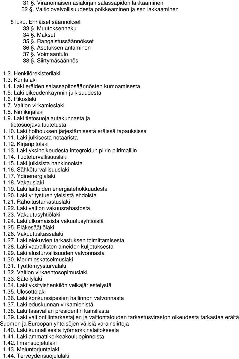 Rikoslaki 1.7. Valtion virkamieslaki 1.8. Nimikirjalaki 1.9. Laki tietosuojalautakunnasta ja tietosuojavaltuutetusta 1.10. Laki holhouksen järjestämisestä eräissä tapauksissa 1.11.