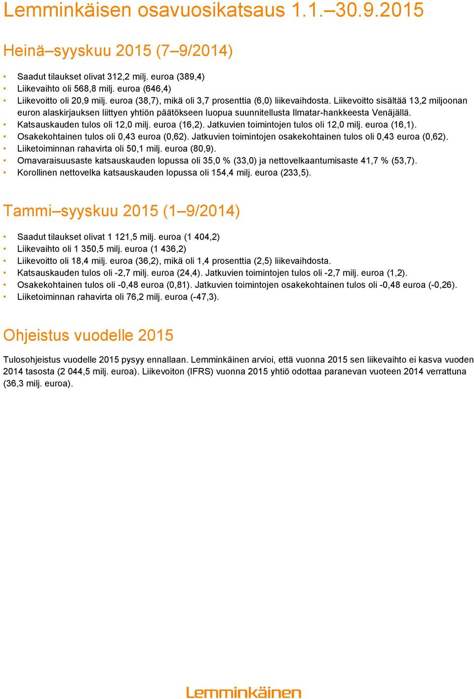 Katsauskauden tulos oli 12,0 milj. euroa (16,2). Jatkuvien toimintojen tulos oli 12,0 milj. euroa (16,1). Osakekohtainen tulos oli 0,43 euroa (0,62).